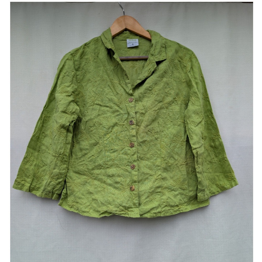 Click By Color Me Cotton Lime Green 100% Linen Embroidered Shirt XL USA Made